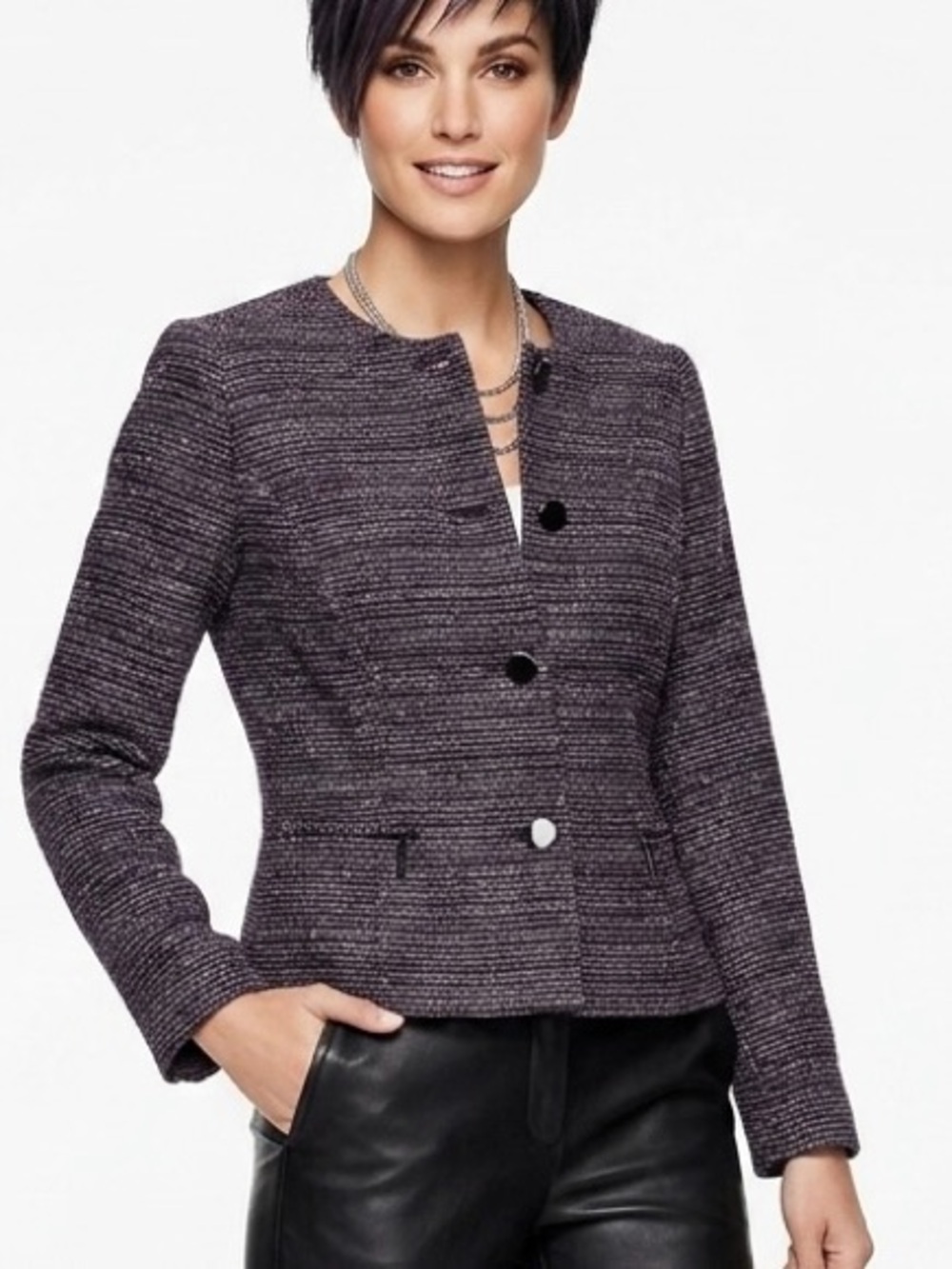 Kasper Collarless Tweed Jacket Blazer Purple Black Texture Classic Metallic 1864